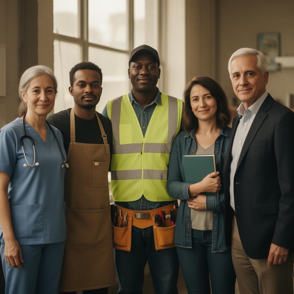 A diverse group of working Christians from different vocations — a nurse, a barista, a tradesperson, a teacher, and an executive — standing together in warm window light.