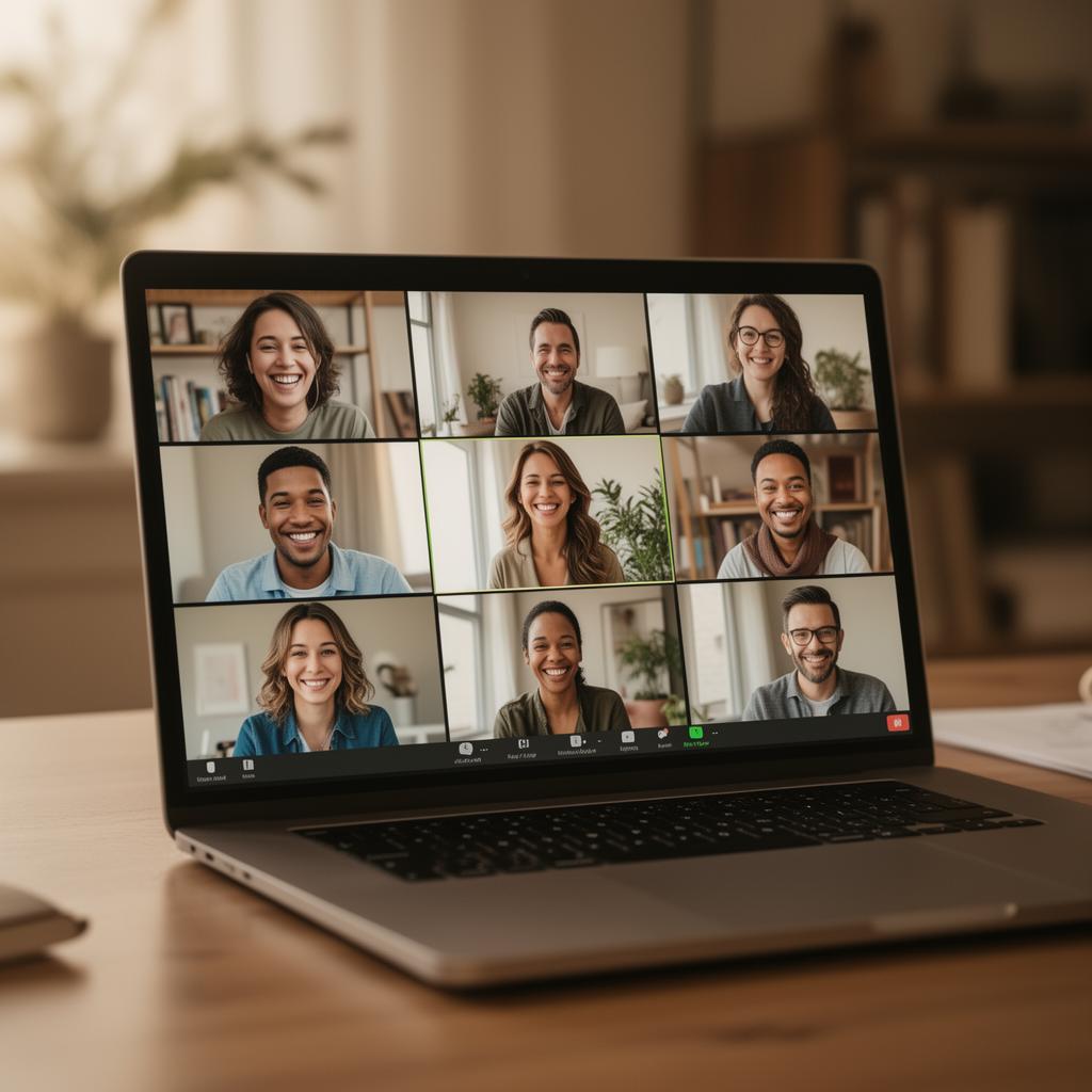 A laptop showing a video conference call with a diverse group of participants