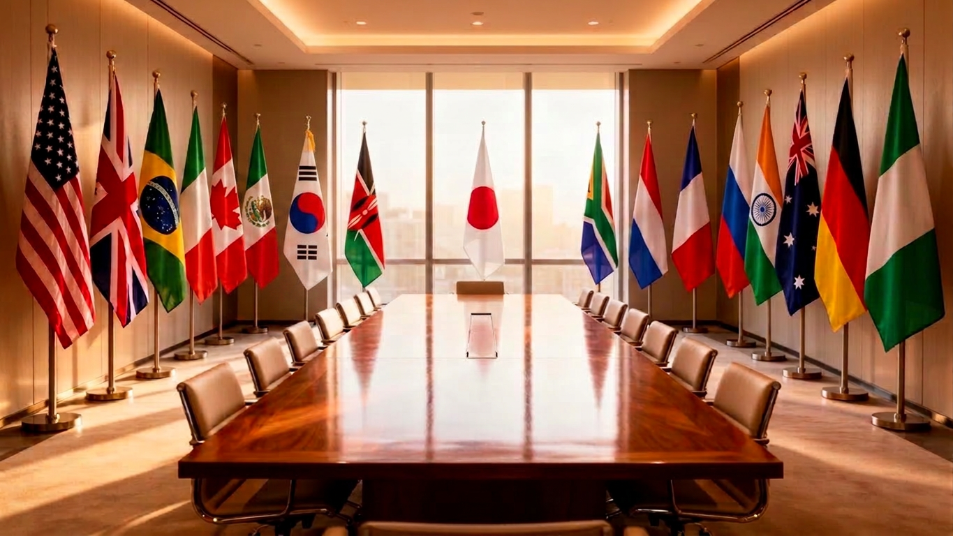 A large conference table at the center of a meeting room ringed by international flags representing the global alliance.