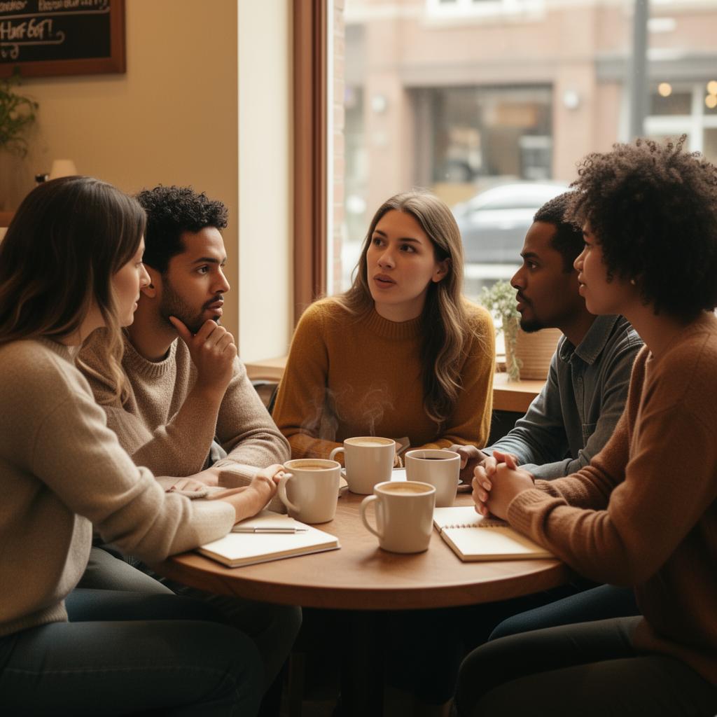 A group of people in a coffee shop having a thoughtful conversation