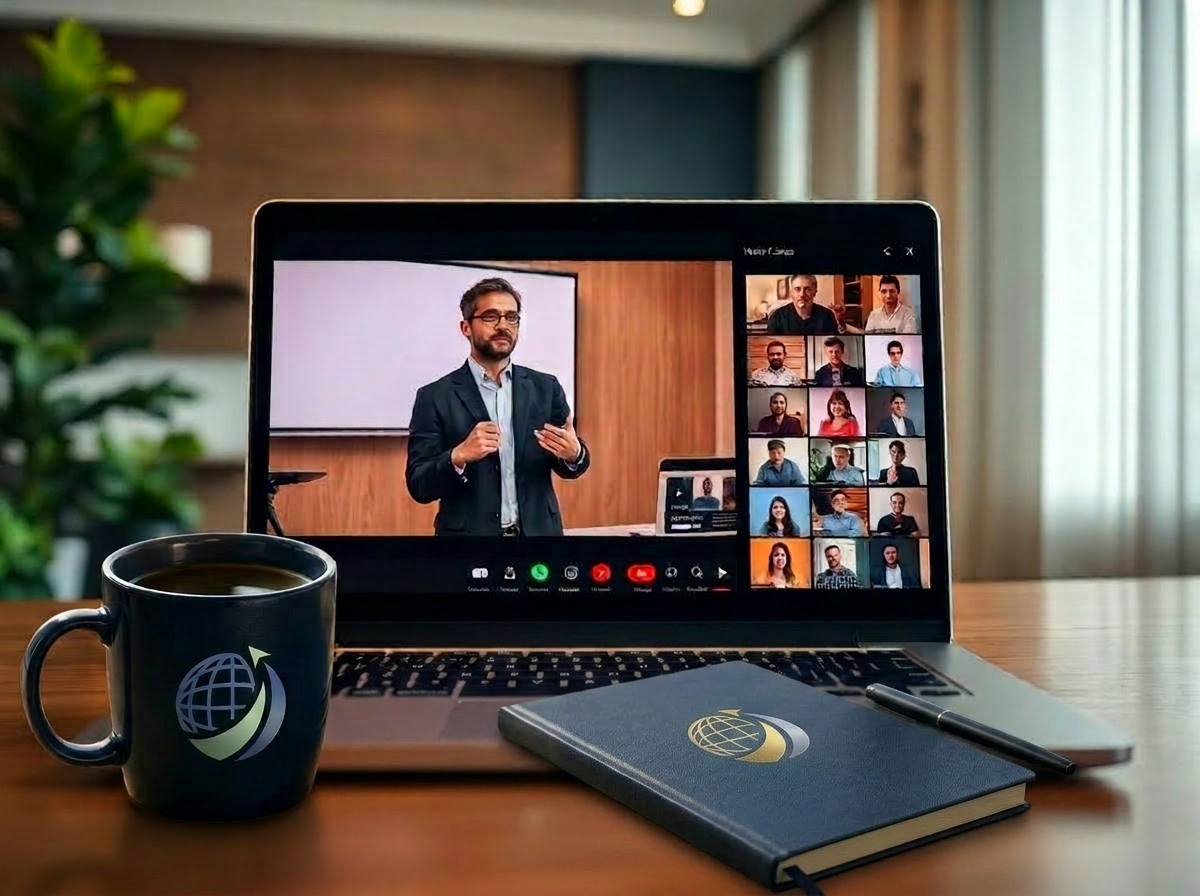 A laptop showing a virtual master class with a presenter and a sidebar grid of attendees