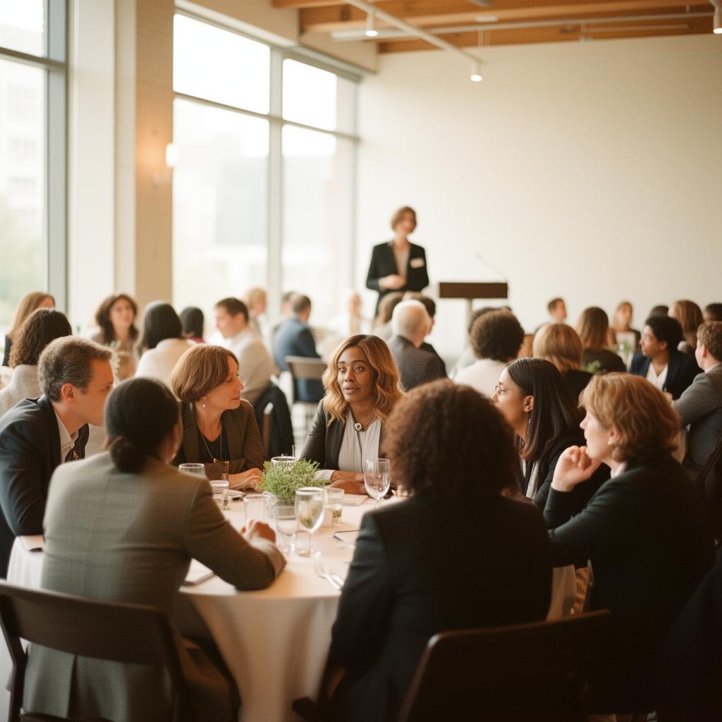 A diverse group of professionals gathered for a faith and work summit in a bright modern event space