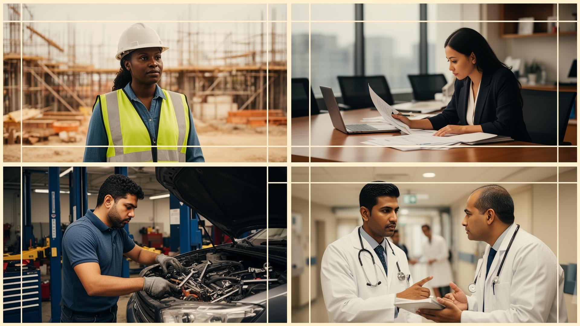 A collage of diverse workers across blue- and white-collar settings: a Black woman in a hard hat on a construction site, an Asian woman professional in an office, a Latino auto mechanic, and a South Asian doctor consulting with a colleague
